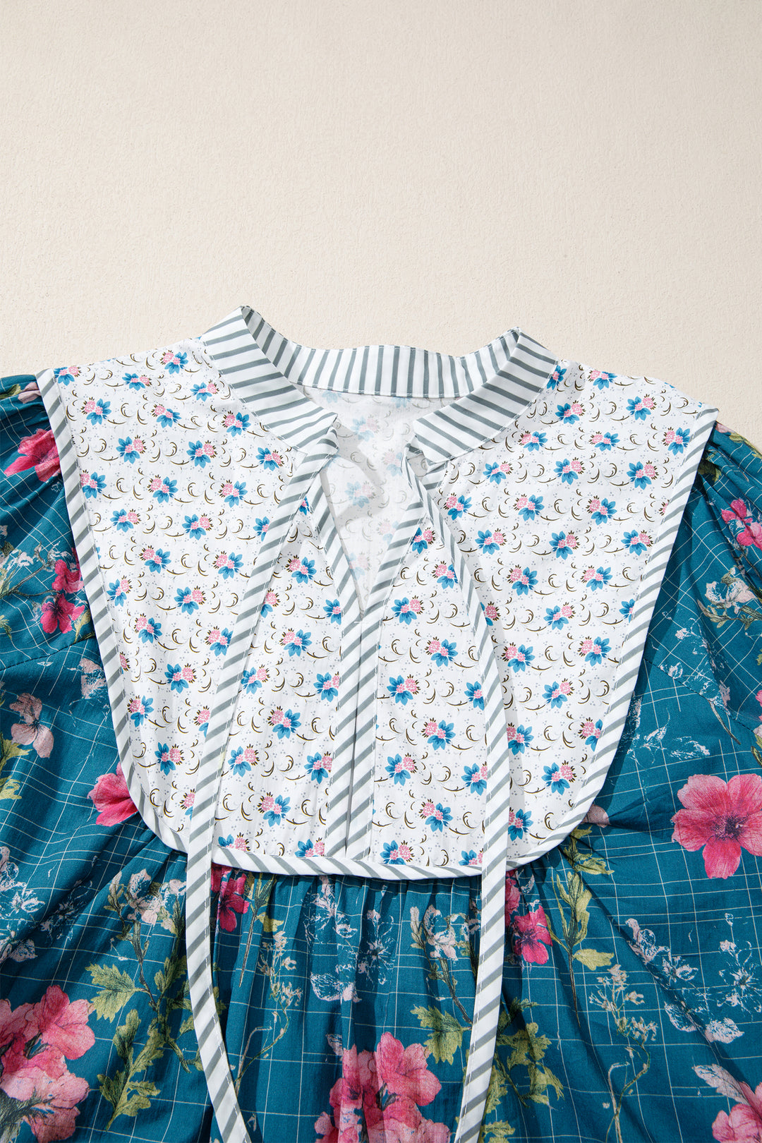 Sky Blue Floral Print Contrast Yoke Patchwork Striped Trim Long Puff Sleeve Blouse