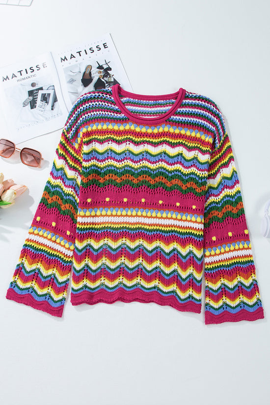 Rose Red Colorblock Striped Hollowed Knit Loose Sleeve Sweater | Women