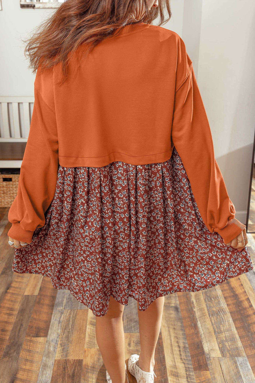 Orange Solid Long Sleeve Top Patchwork Floral Flared 2-in-1 Mini Dress