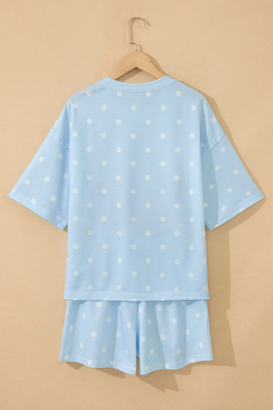 Sky Blue Exposed Seam Detail Polka Dot Loose Tee Drawstring Shorts Set
