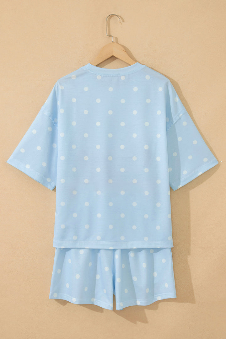 Sky Blue Exposed Seam Detail Polka Dot Loose Tee Drawstring Shorts Set