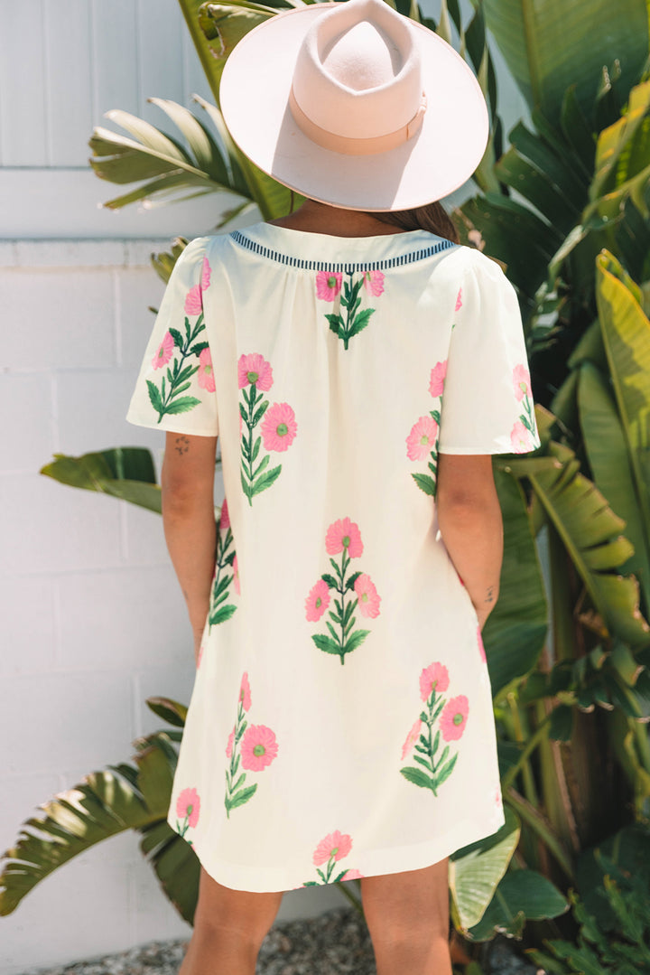 Rose Floral Short Sleeve Split Neck Loose Mini Dress