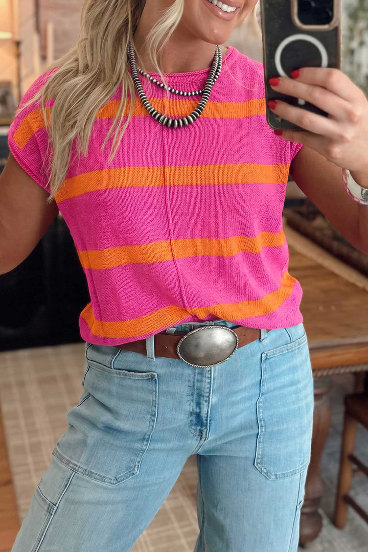 Brown Stripe Knit Western Short Sleeve Sweater