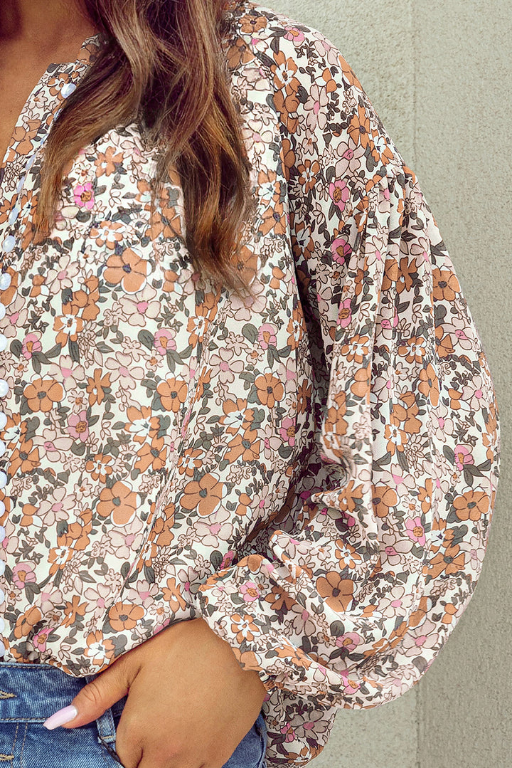Orange Bohemian Floral Puff Sleeve Full Button Shirt