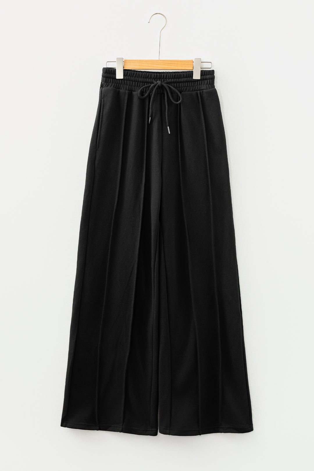 Black Seamed Drawstring High Waist Wide Leg Sweatpants