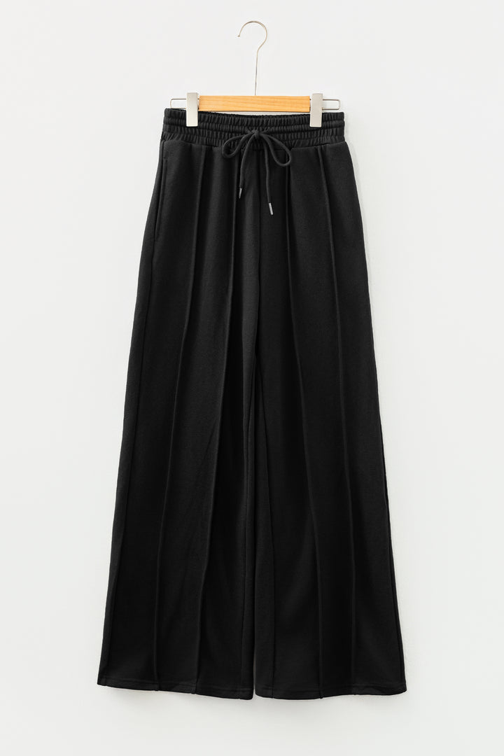 Black Seamed Drawstring High Waist Wide Leg Sweatpants