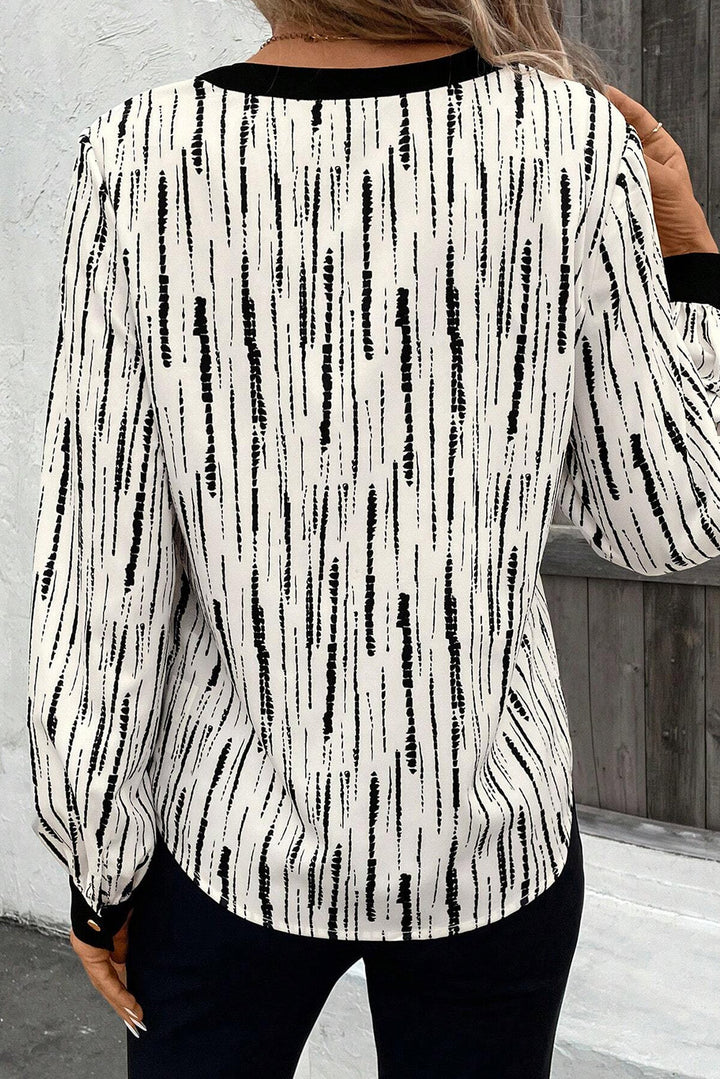 White Abstract Printed V Neck Fall Blouse