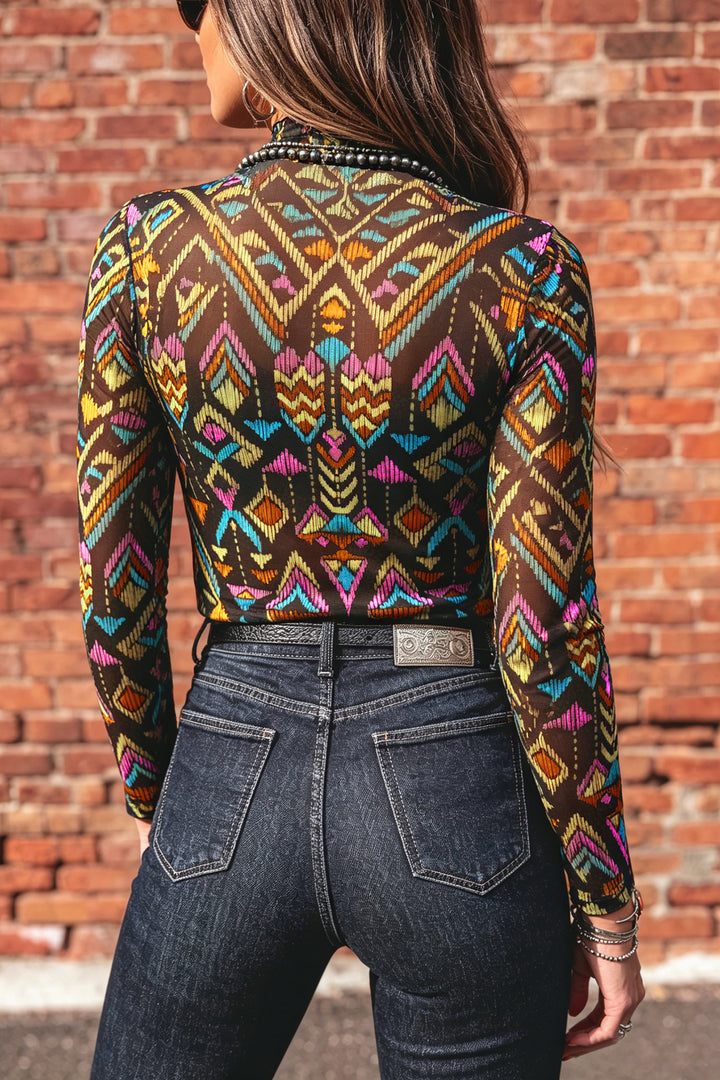 Color black Abstract Print Long Sleeve Stand Neck Mesh Top