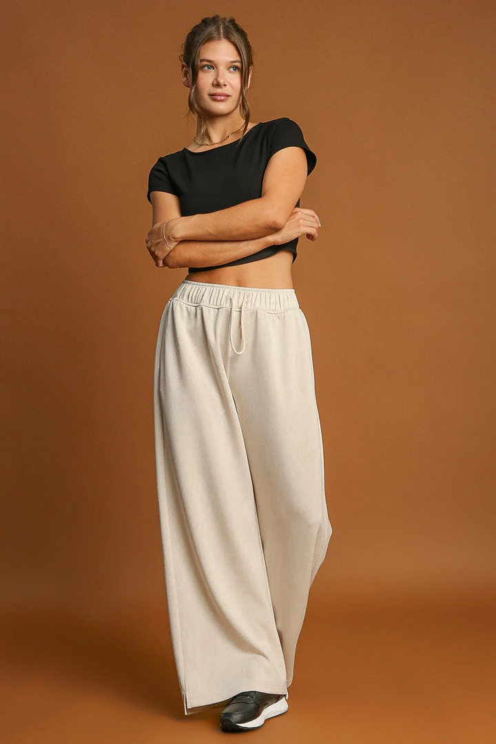 Apricot Loop Drawstring Elastic Waistband Casual Wide Leg Pants