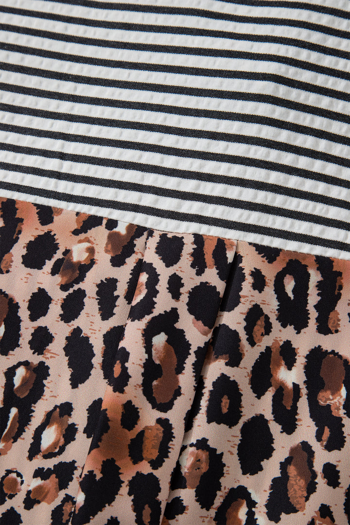 Black Striped Leopard Print Patchwork Button Up Womens Shirt
