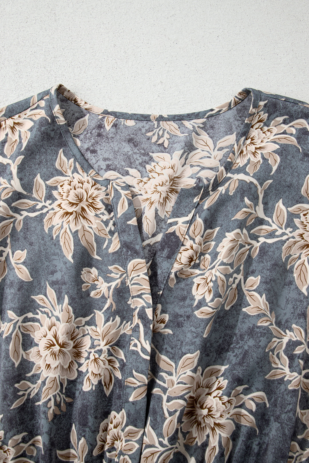 Sky Blue Plus Size Floral Print Split Neck Shirred High Waist Long Sleeve Maxi Dress