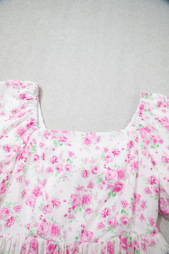 Pink Floral Print Square Neck Ribbon Knot Back Cute Mini Dress