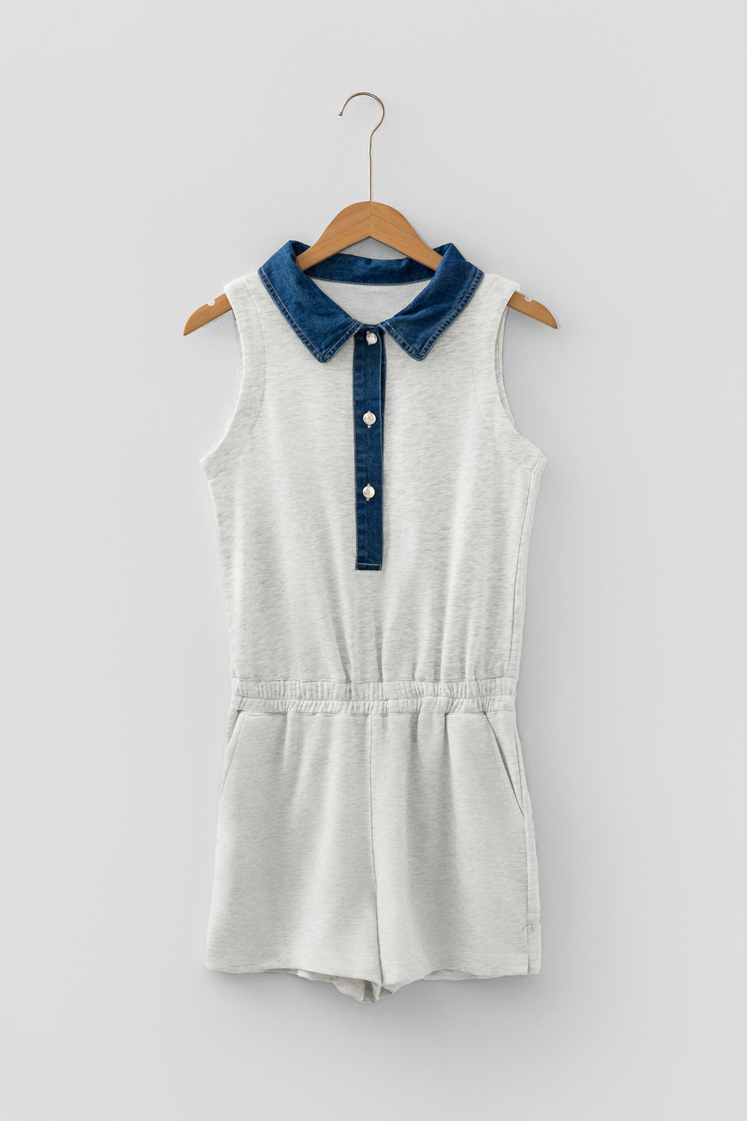 Light Grey Denim Patchwork Polo Collar Elastic Waist Sleeveless Romper