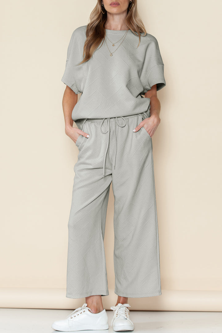 Brown Textured Loose Fit T Shirt and Drawstring Pants Set
