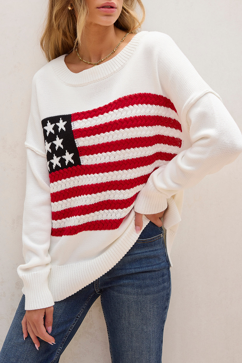 White American Flag Cable Knit Drop Shoulder Sweater | Women