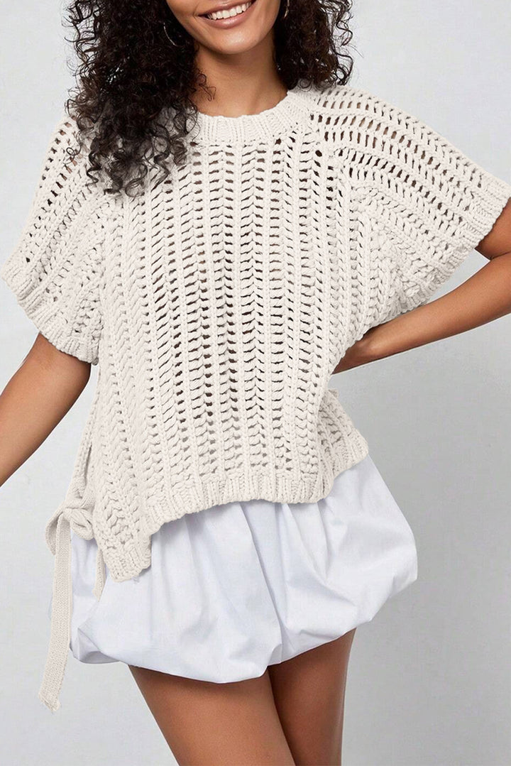 Black Plus Size Open Knit Bow Tie Short Sleeve Sweater