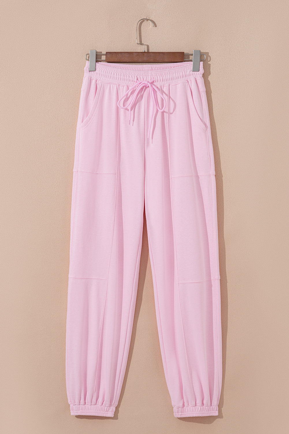 Light Pink Drawstring Elastic Waistband Solid Color Jogger Pants