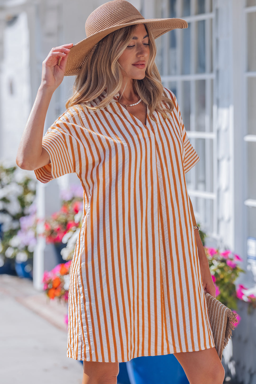 Brown Stripe Pinched V Neck Turn-up Cuffs Shift Mini Dress