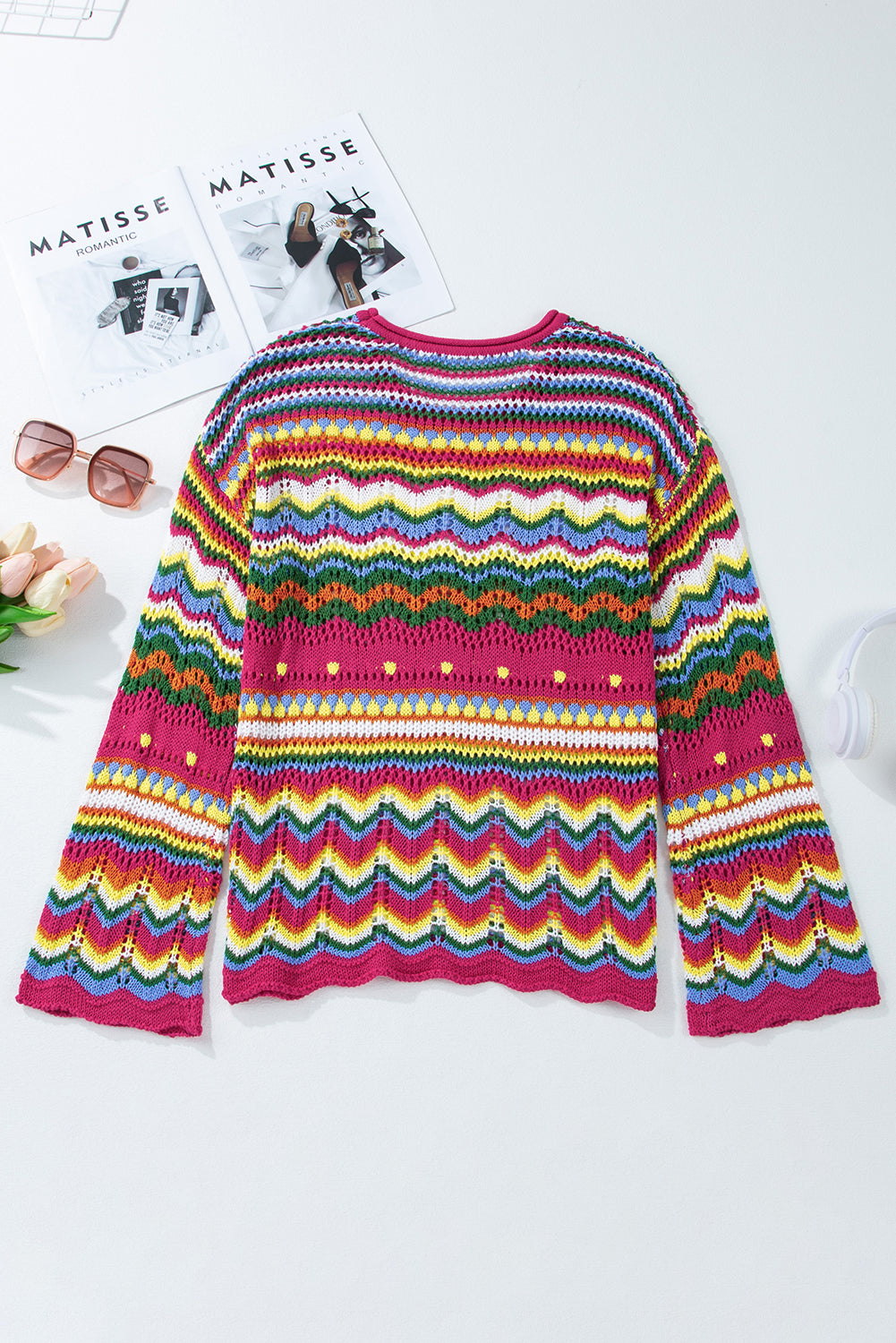 Rose Red Colorblock Striped Hollowed Knit Loose Sleeve Sweater | Women