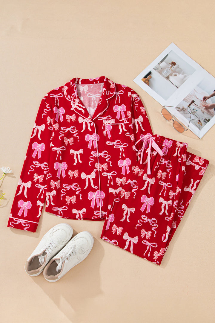 Red Sweet Bow Print Shirt Style Top Long 2pcs Pajama Set