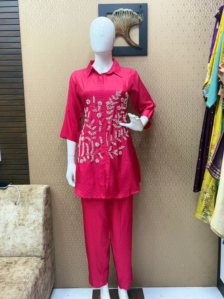 Hot Pink Embroidered Silk Co-Ord Set