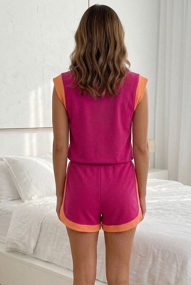 Pitaya Pink Color Block Accent Half Zip Top Athleisure Shorts Set