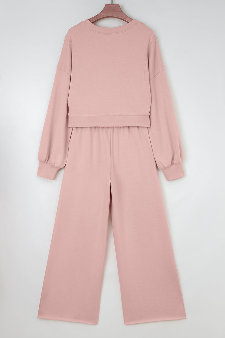 Light Pink Drop Shoulder Puff Sleeve Crop Pullover Drawstring Wide Leg Pants Set