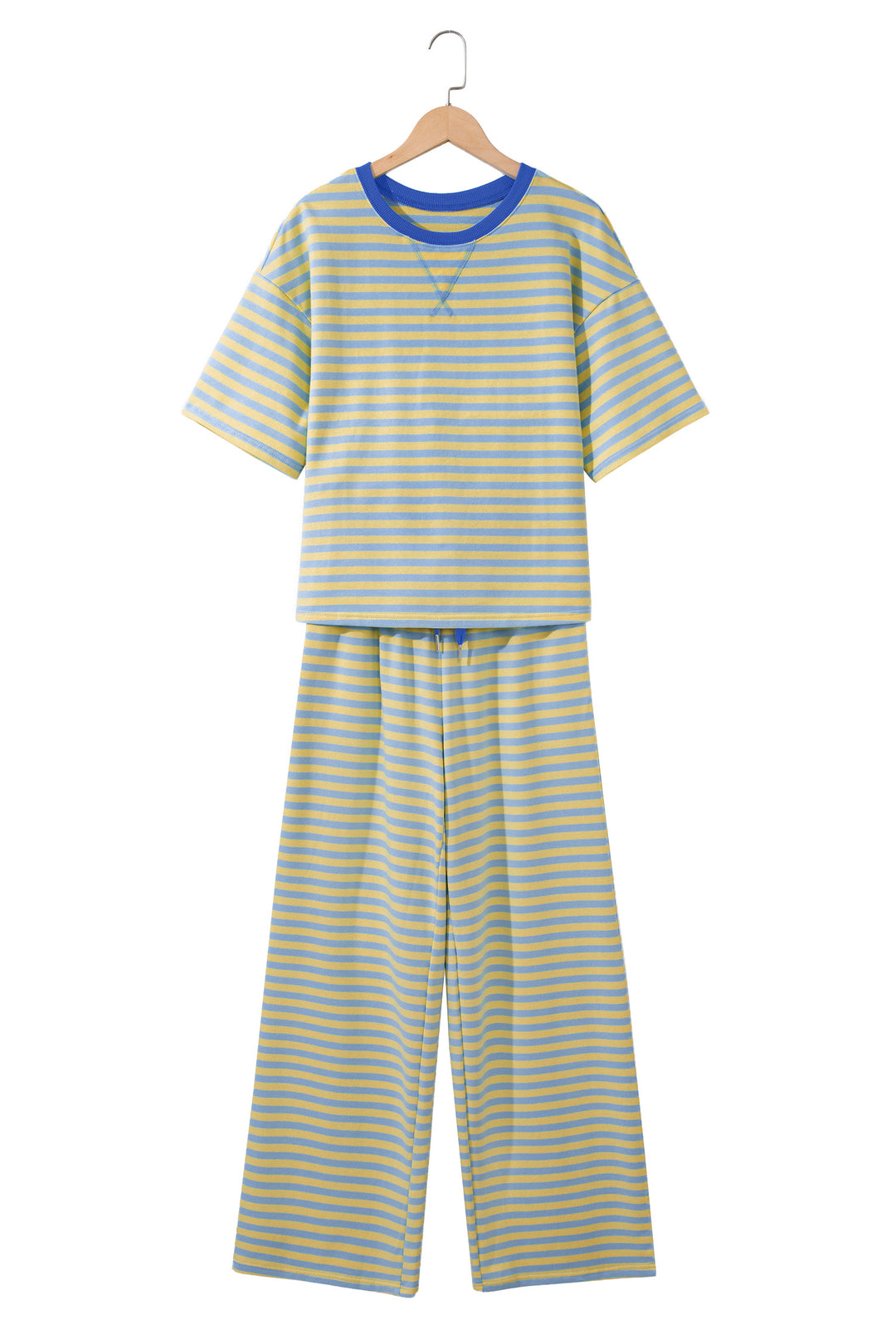 Yellow Stripe Colorblock Trim Crew Neck Loose Tee Drawstring Elastic Waist 2pcs Pant Set