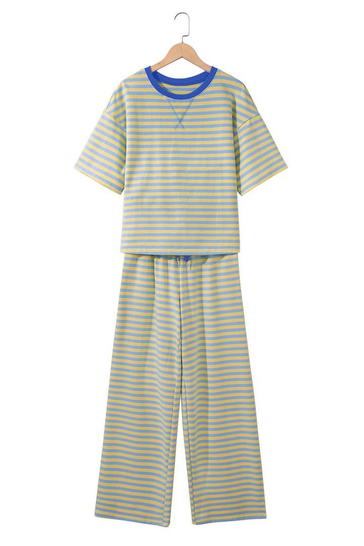 Yellow Stripe Colorblock Trim Crew Neck Loose Tee Drawstring Elastic Waist 2pcs Pant Set