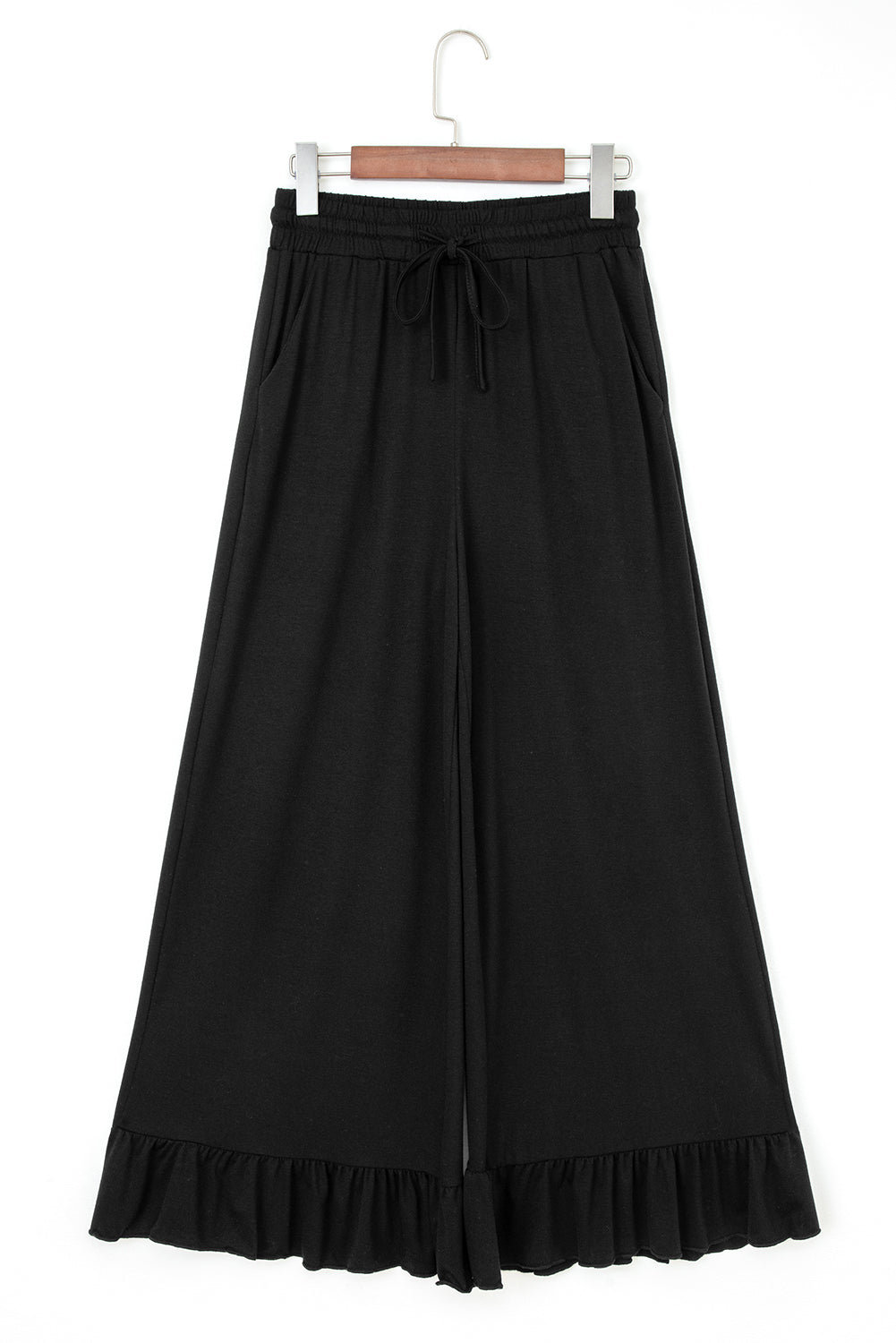 Black Ruffled Wide Leg Pull On High Waist Pants with Pockets