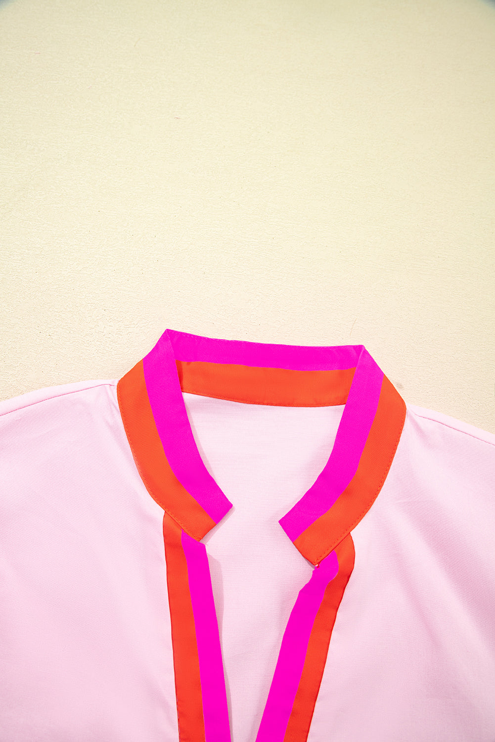 Pink Contrast Cotton Striped V Neck Collision Short Puff Sleeve Blouse