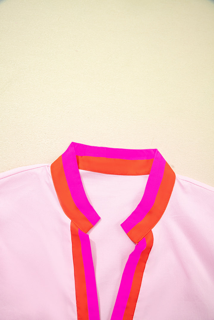 Pink Contrast Cotton Striped V Neck Collision Short Puff Sleeve Blouse