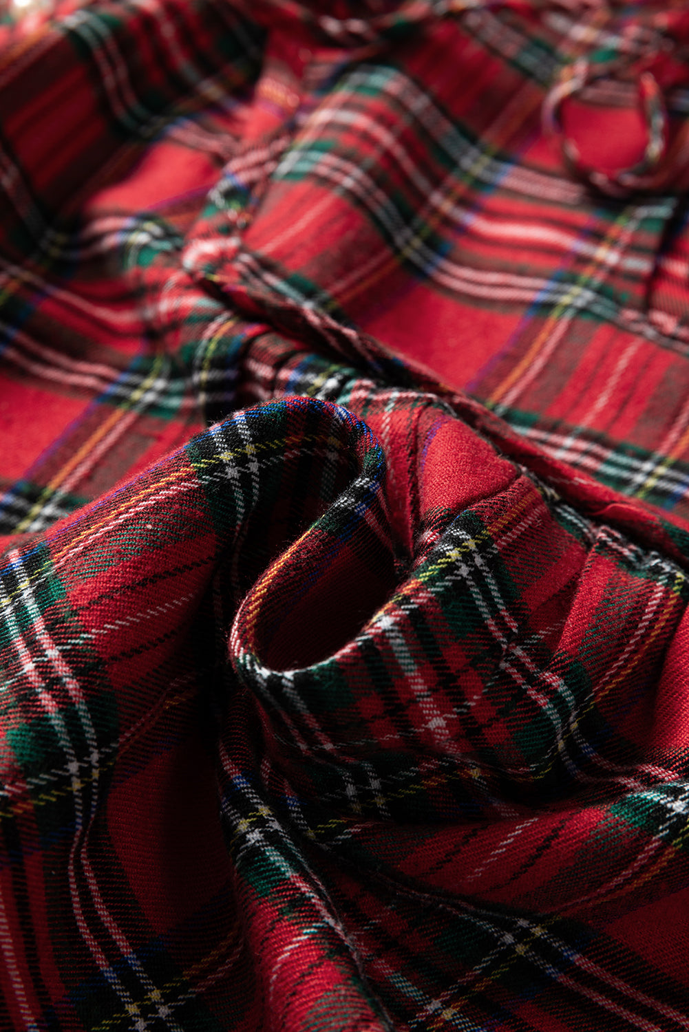 Red Festive Plaid Pearl Embellished Ruffle Short Sleeve Blouse