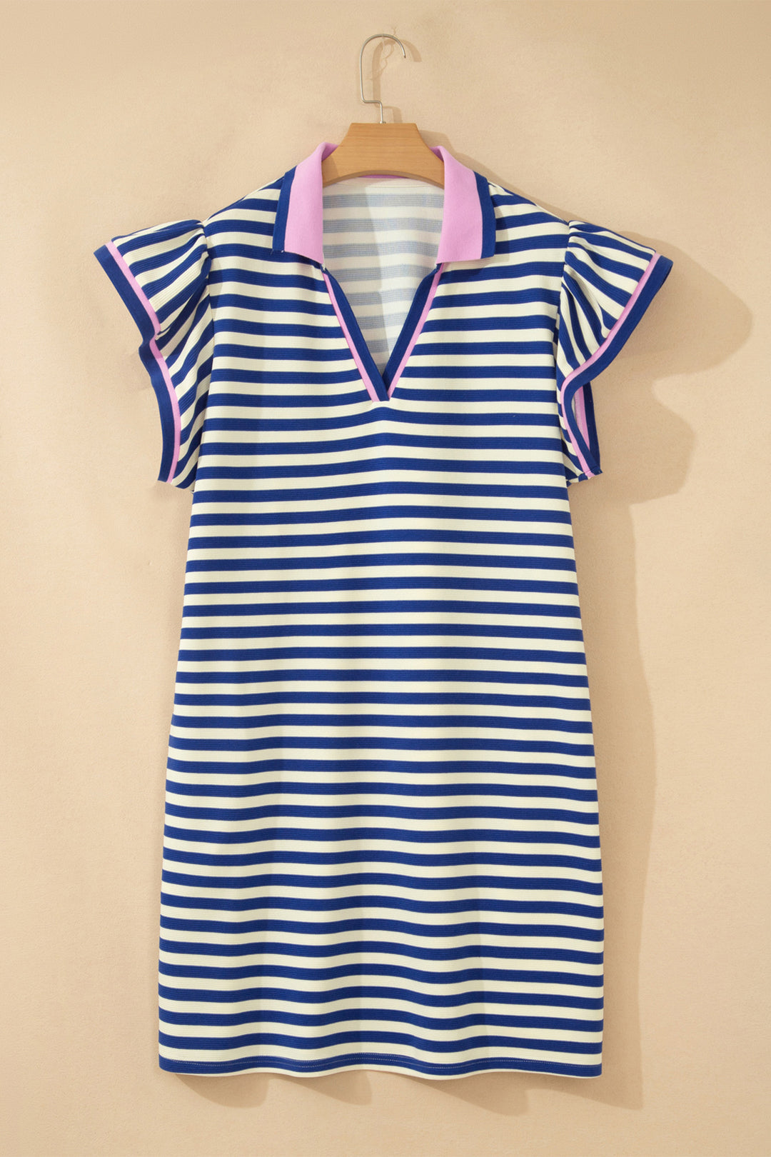 Dark Blue Striped Shift Dress Colorblock V Neck Short Sleeve Casual Summer