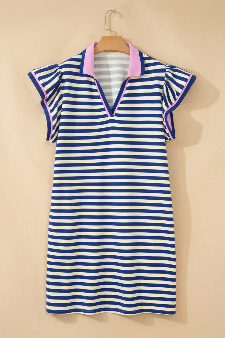 Dark Blue Striped Shift Dress Colorblock V Neck Short Sleeve Casual Summer