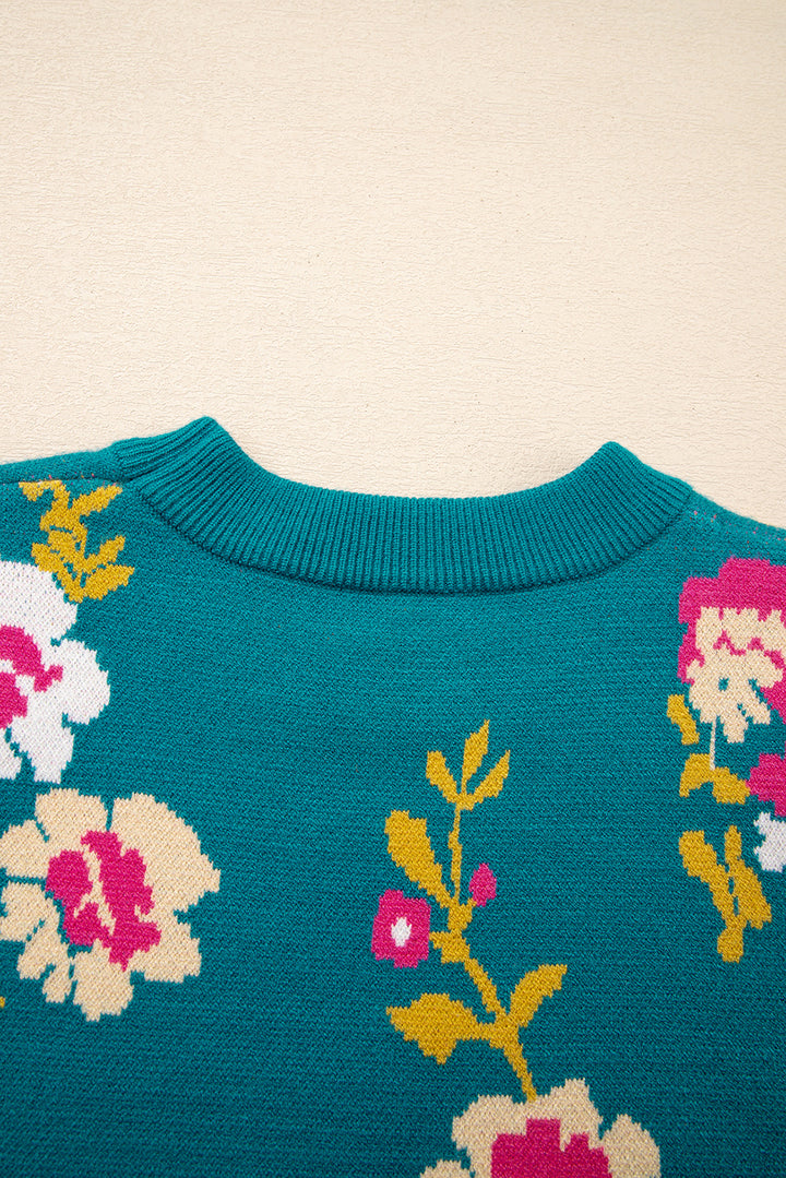 Blue Flower Pattern Mock Neck Short Sleeve Knitted T Shirt
