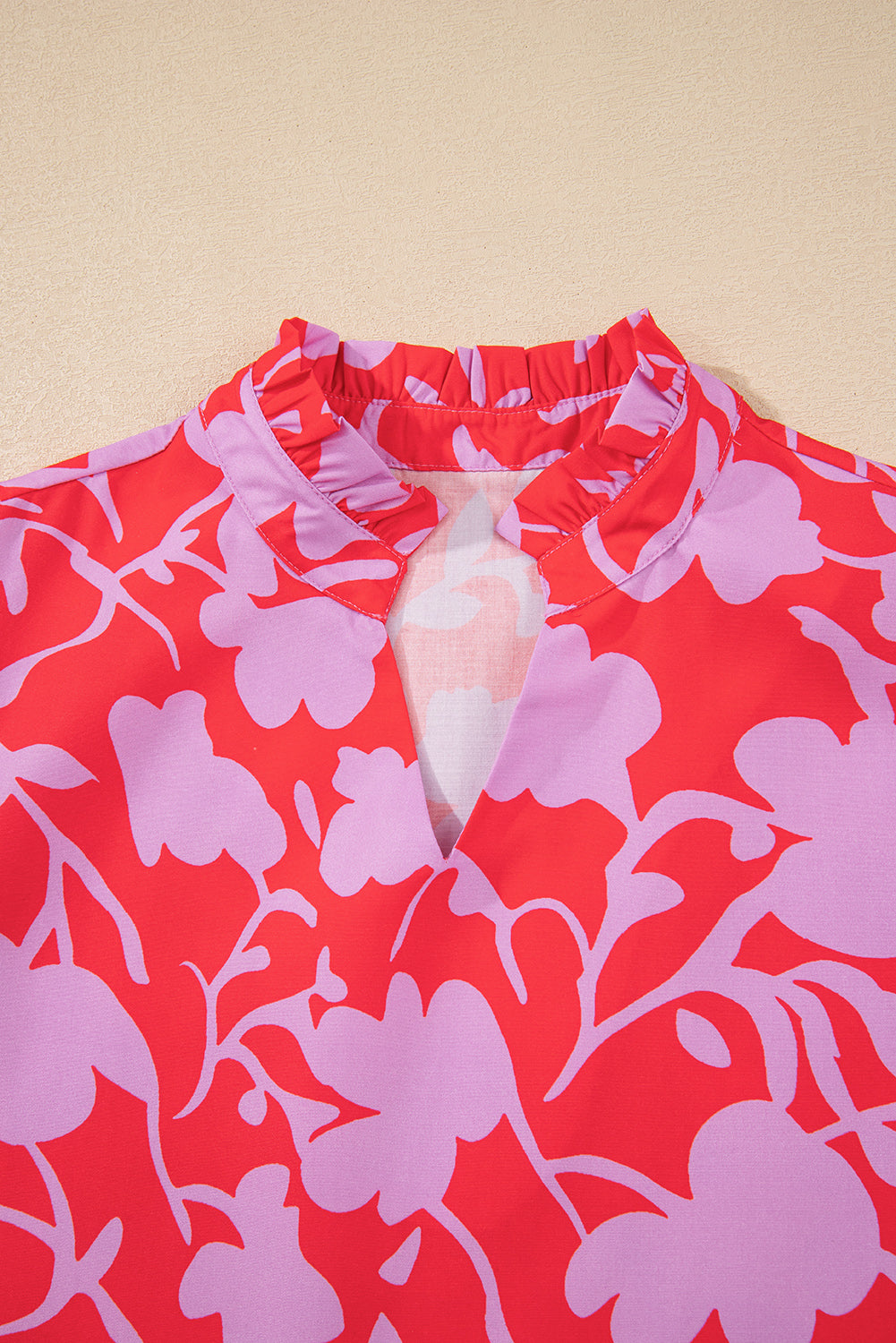 Red Floral Three Quarter Sleeves Ruffle Hem Mini Dress