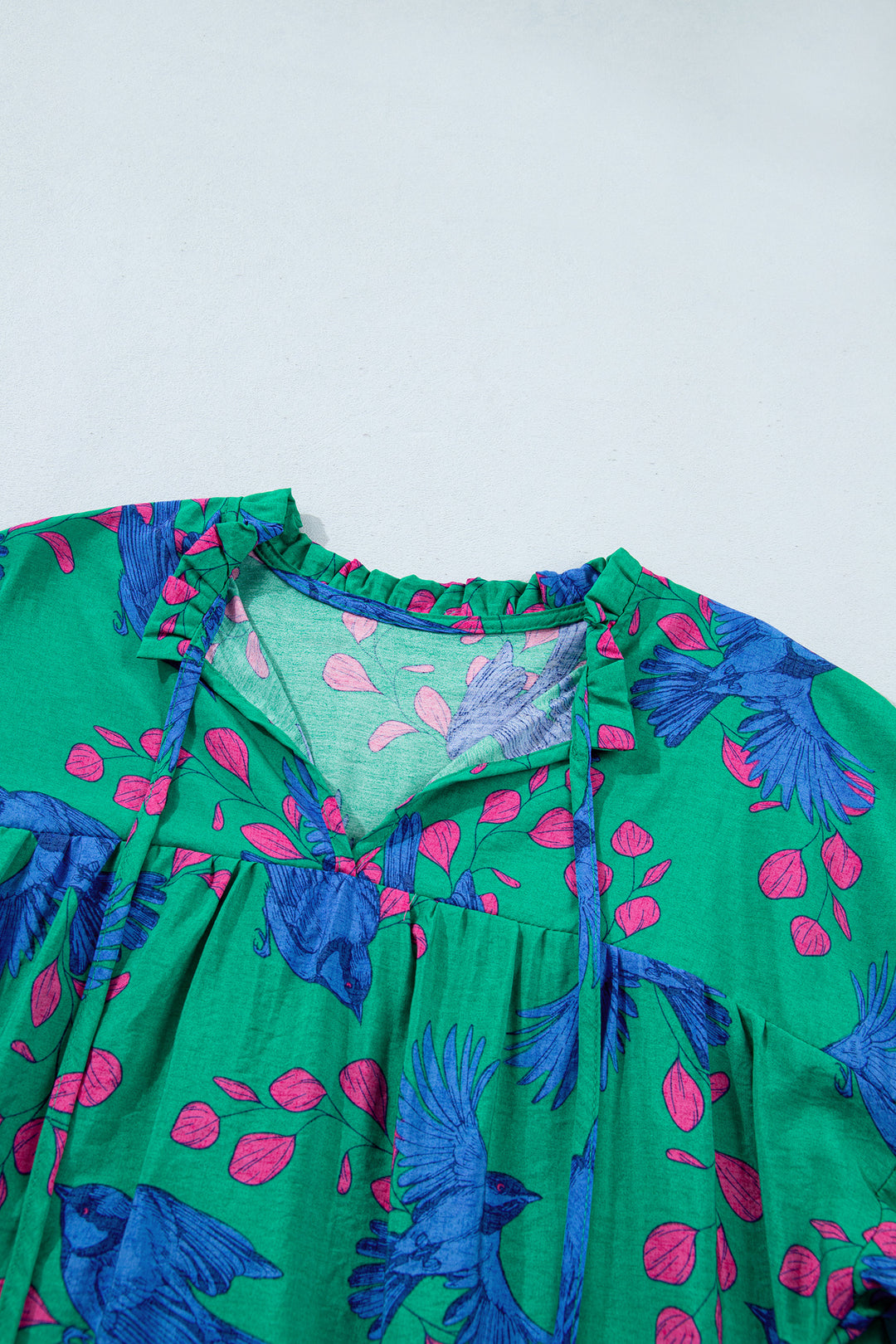 Green Abstract Print V Neck Flounced Puff Sleeve Blouse