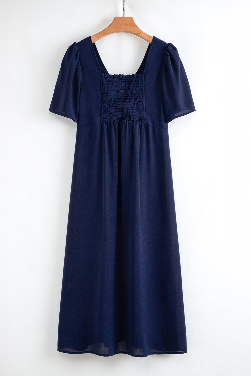 Navy Blue V Neck Buttoned Front Shirred Back Short Sleeve Midi Dress