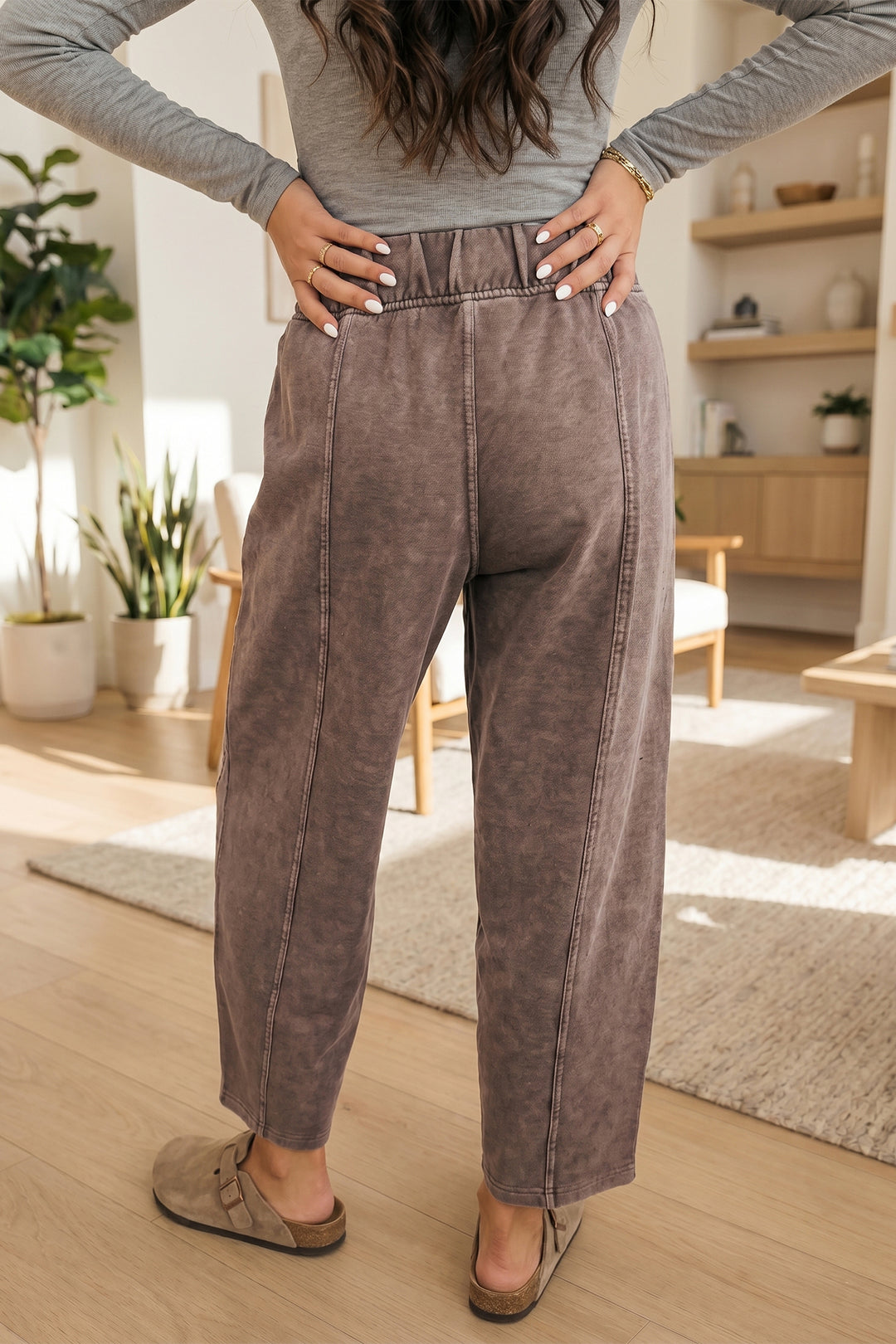 Carbon Grey Mineral Wash Seam Detail Elastic Waist Barrel Pants