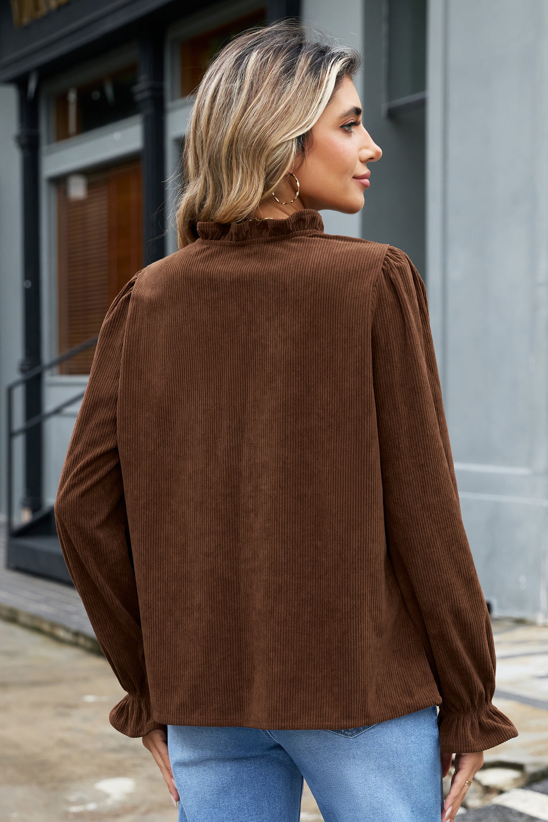 Coffee Solid Color Ruffle Trim V Neck Long Sleeve Button Corduroy Shakcet