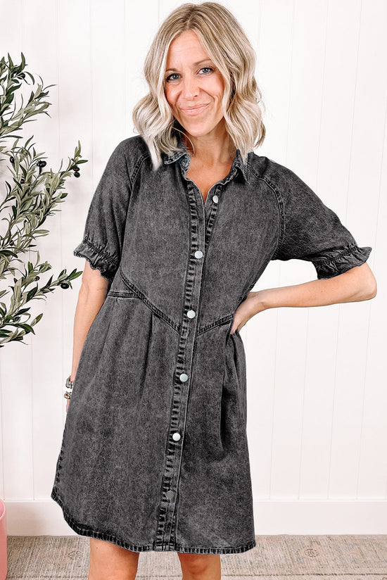 Medium Grey Mineral Wash Ruffled Short Sleeve Buttoned Denim Dress  | Women