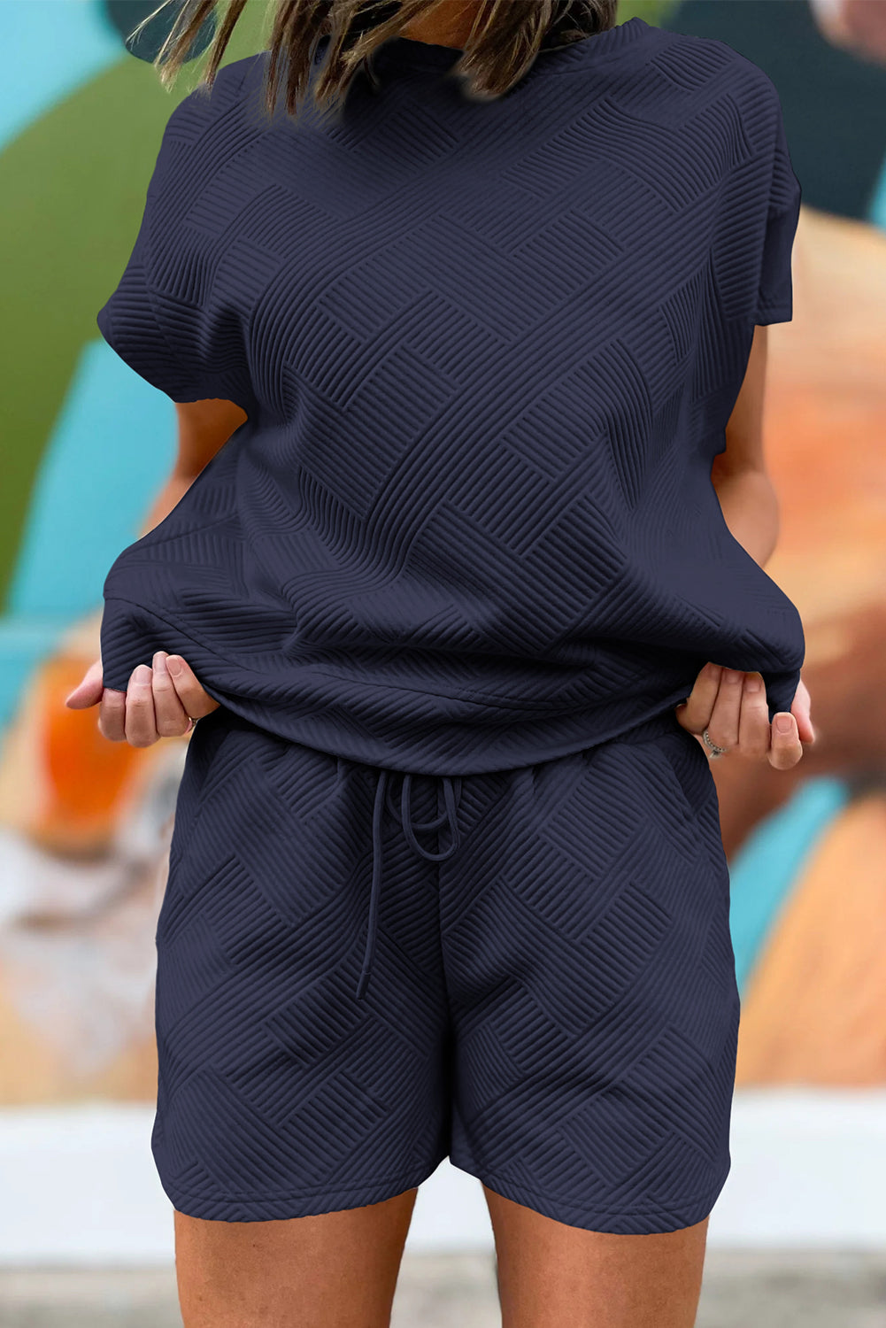 Navy Blue Textured Short Sleeve Top and Shorts Set