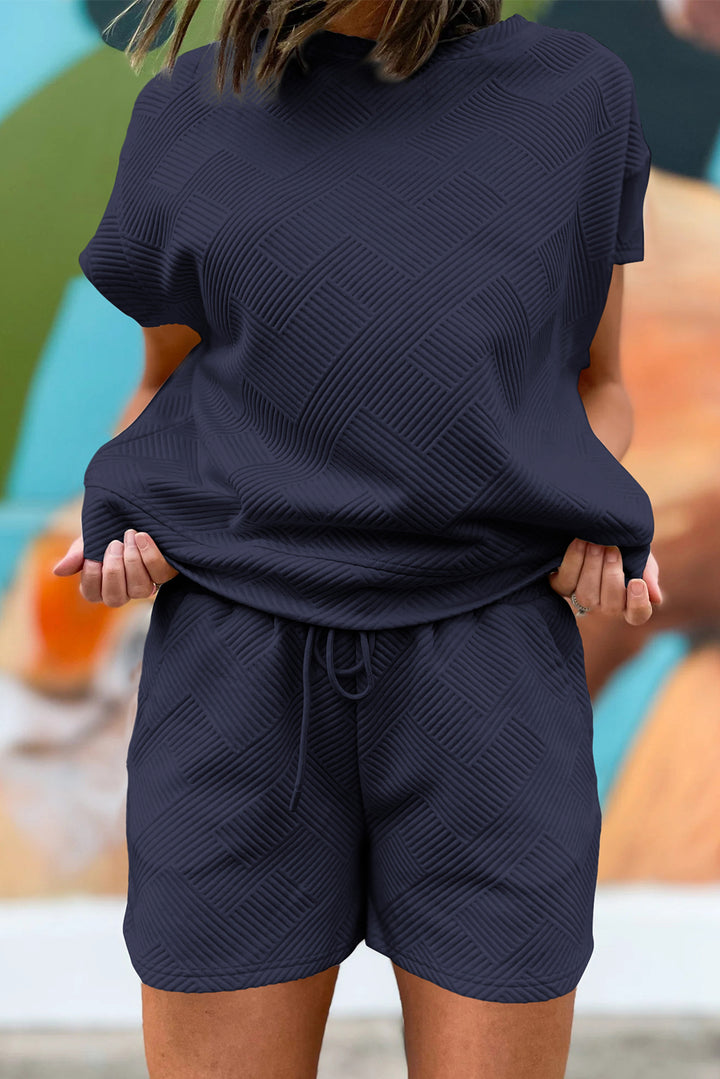 Navy Blue Textured Short Sleeve Top and Shorts Set