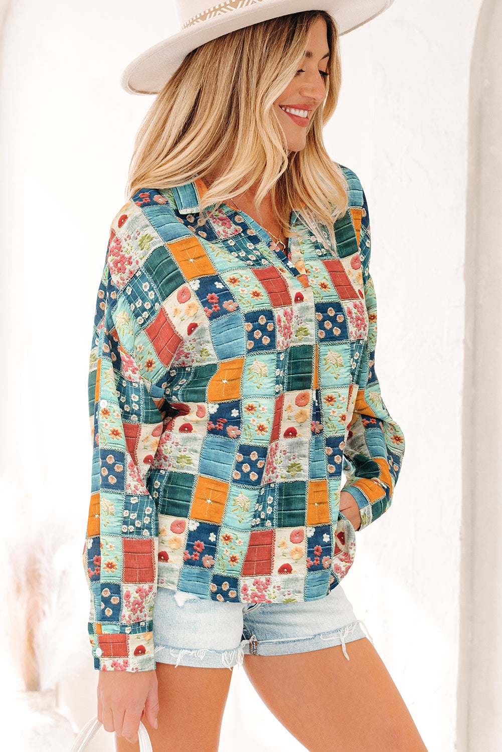 Sky Blue Floral Collared V Neck Roll up Sleeve Shift Blouse