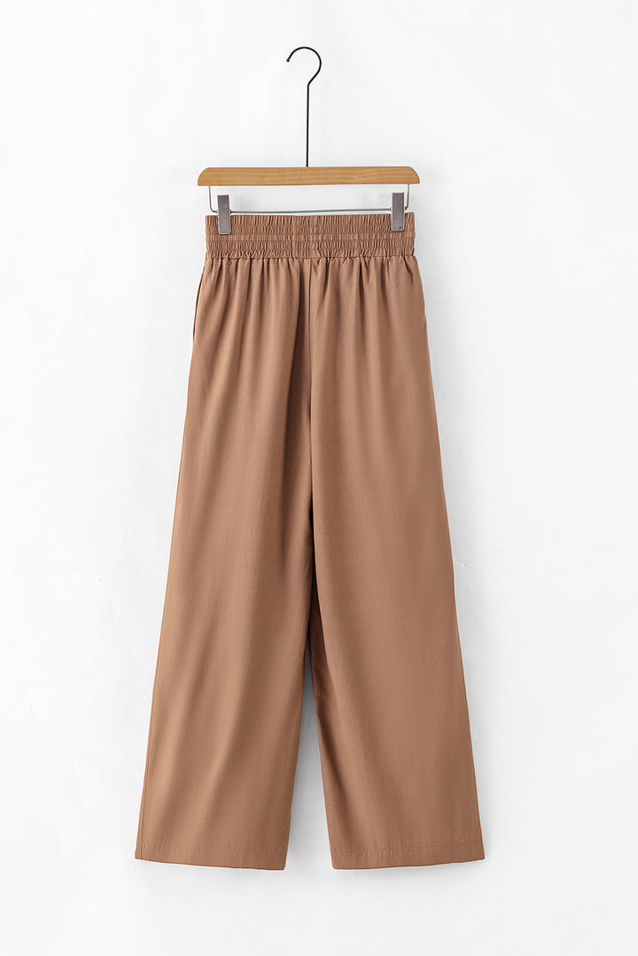 Brown Drawstring Elastic Waist Casual Wide Leg Pants | Women