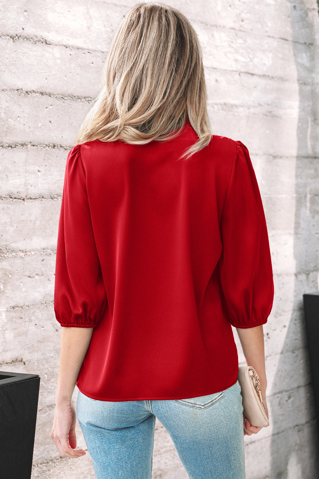 Blackish Green Solid Color Frilled V Neck Bow Detail 3/4 Sleeve Blouse