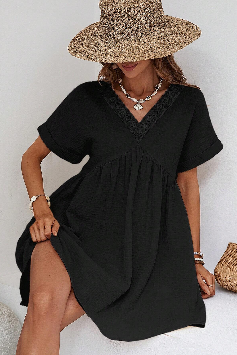 Black Folded Short Sleeve Lace V Neck Mini Dress