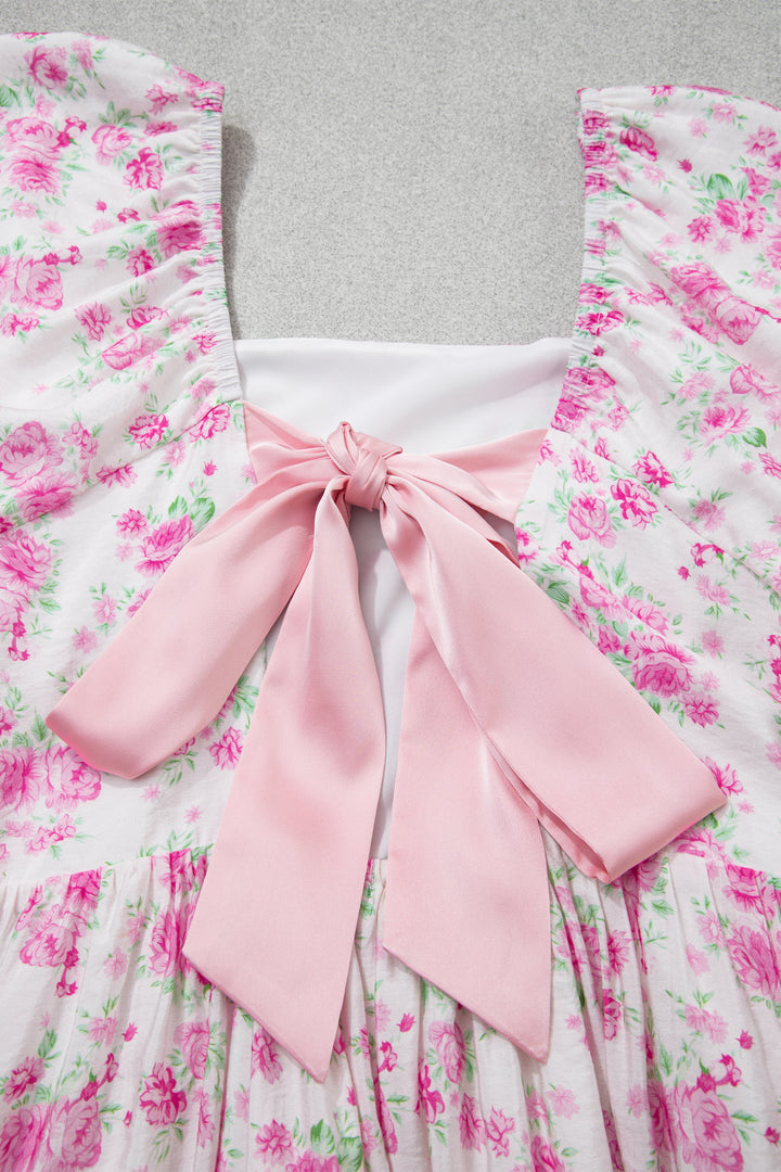 Pink Floral Print Square Neck Ribbon Knot Back Cute Mini Dress