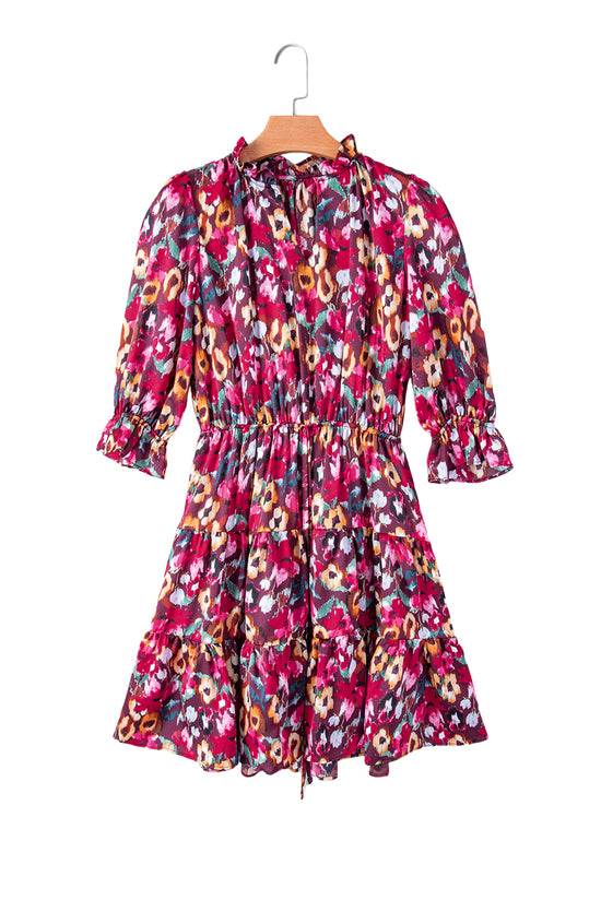 Rose Red Floral Print Tiered Ruffled Half Sleeve V Neck Dress | Women